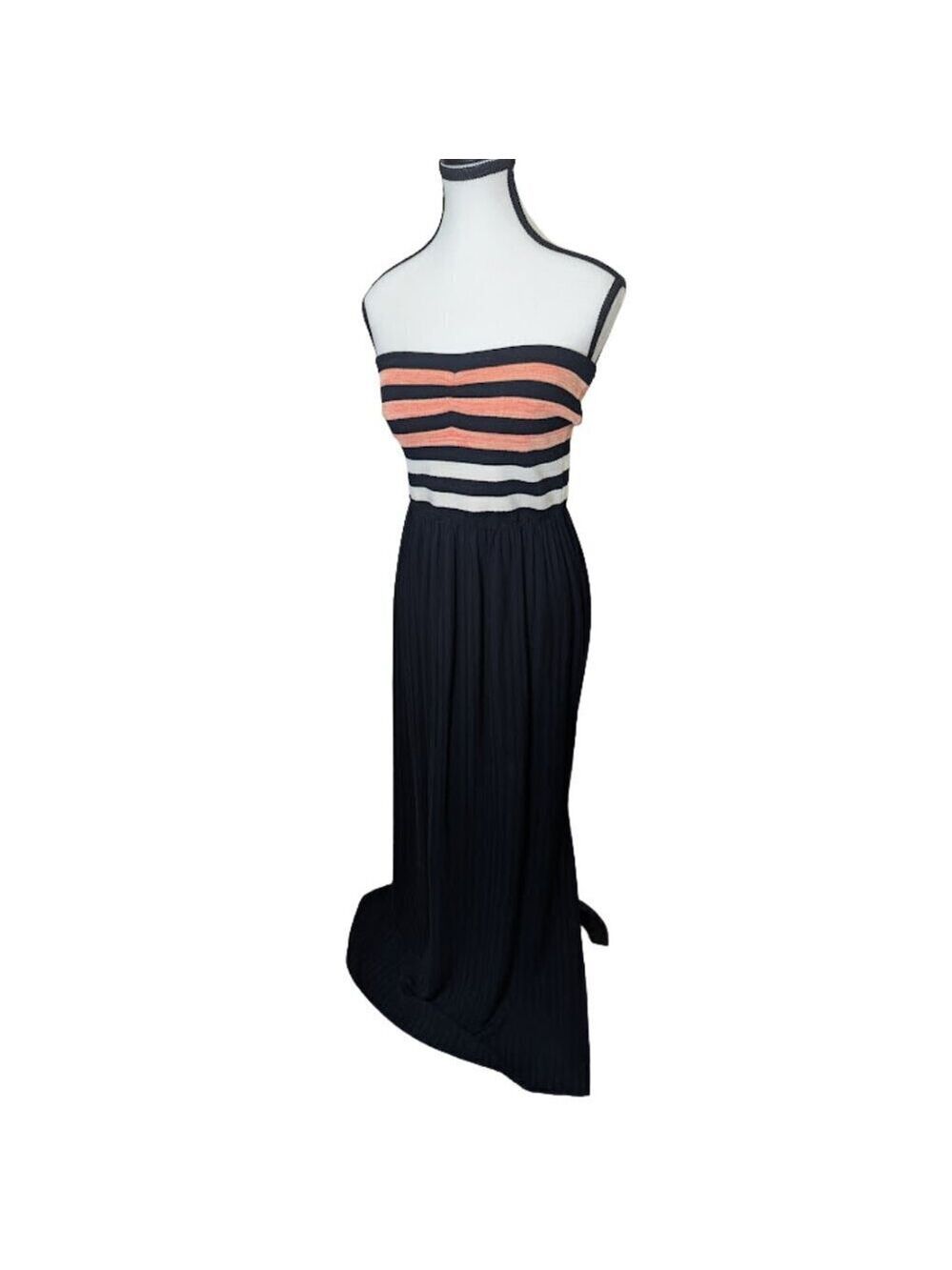 Rachel Roy Strapless Maxi Dress Black Coral Stripe Bodice Pleated Skirt *SZ M